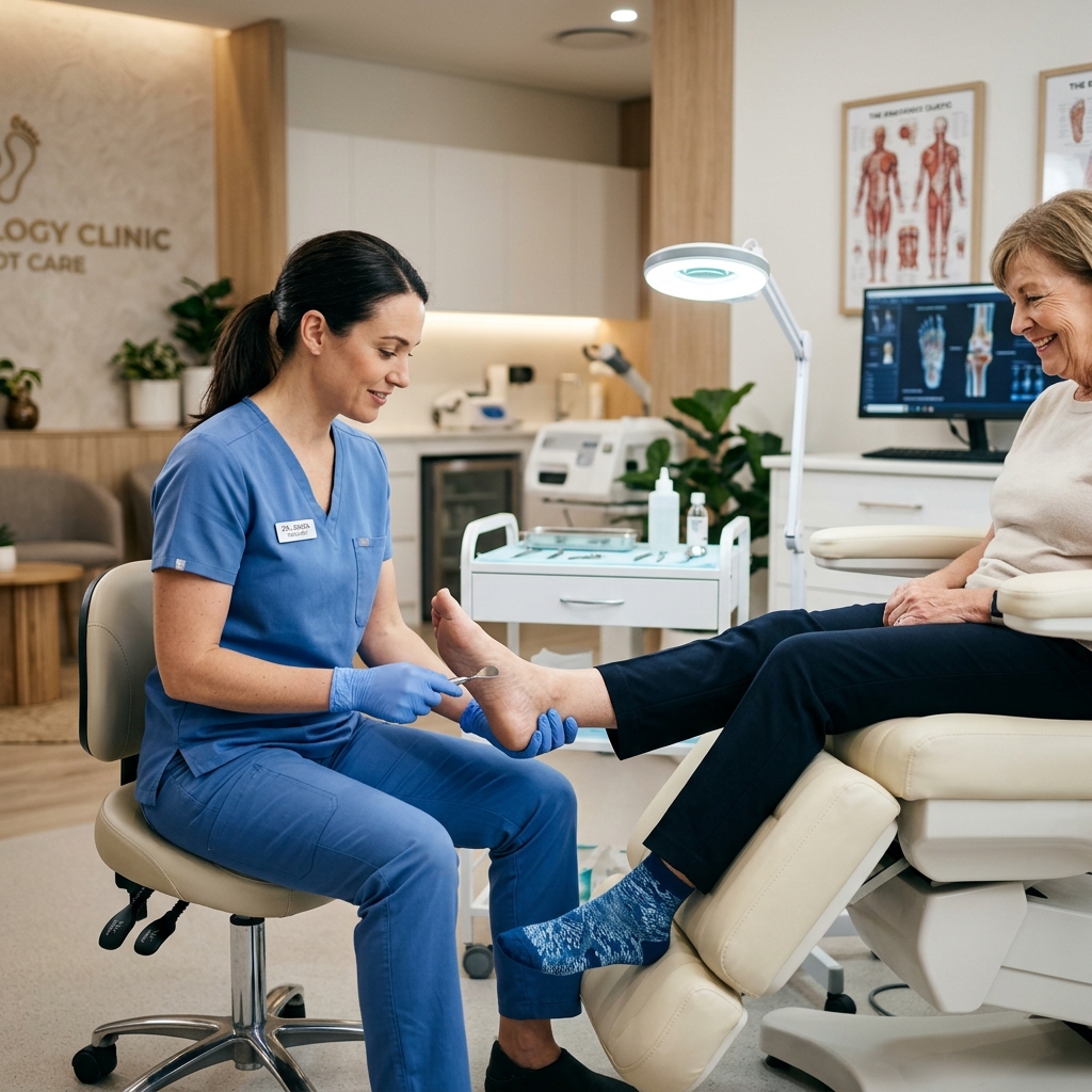 Podology specialist treating patient's foot